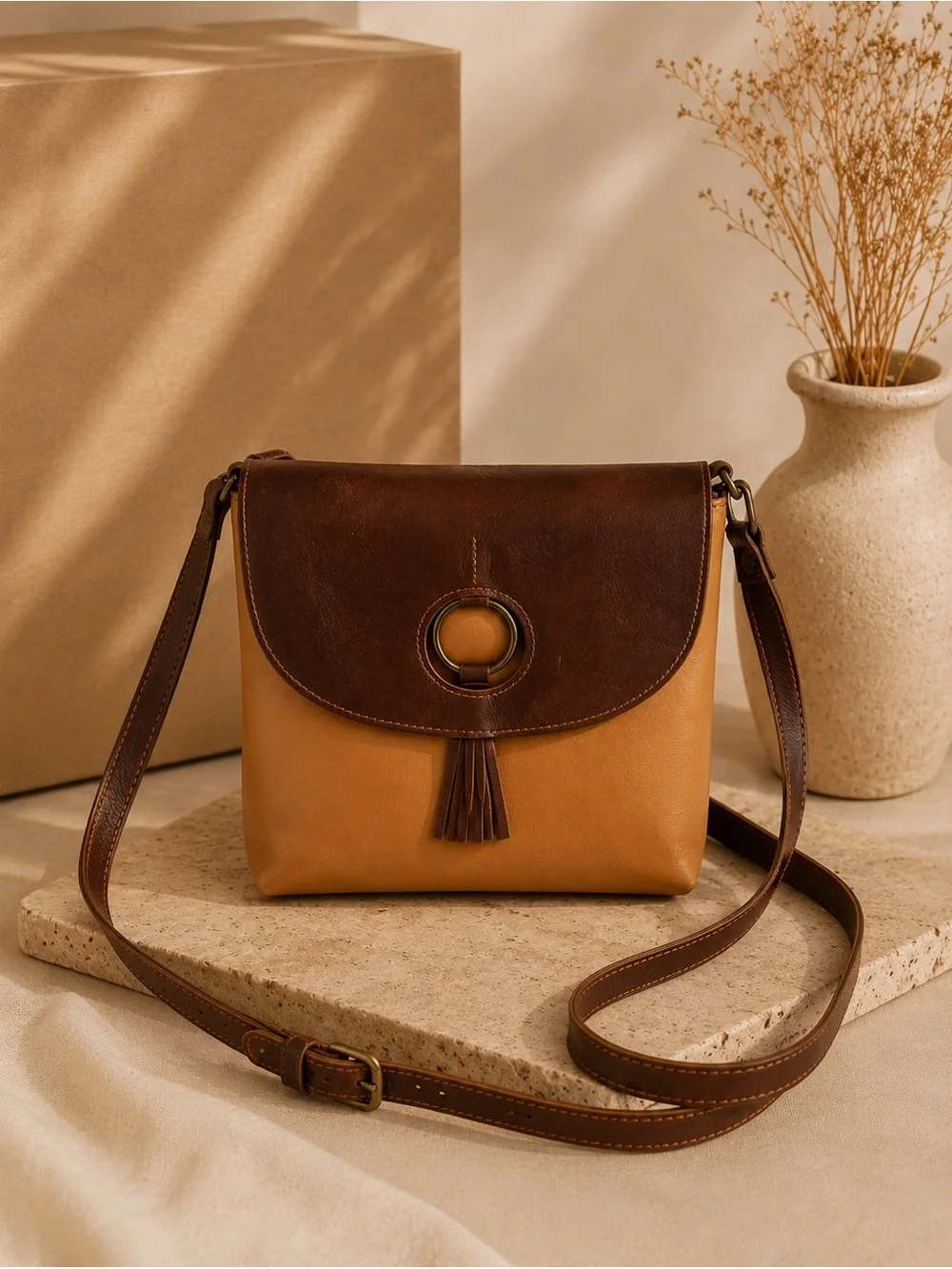 Classic Morgazl leather Crossbody made in Spain. Two-Tone Brown & Tan Leather